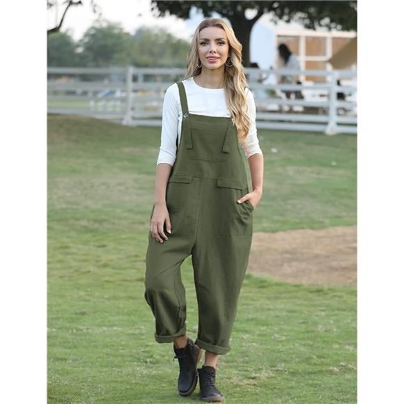 Women's Long Casual Loose Bib Pants Overall Baggy Romper Jumpsuit with Pockets - Picture 2 of 5